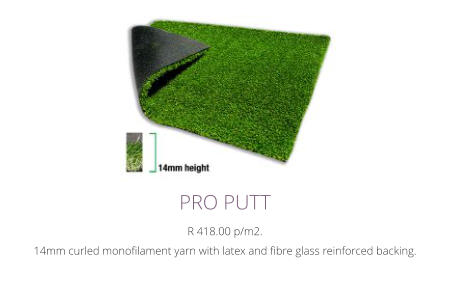 PRO PUTTR 418.00 p/m2.14mm curled monofilament yarn with latex and fibre glass reinforced backing.